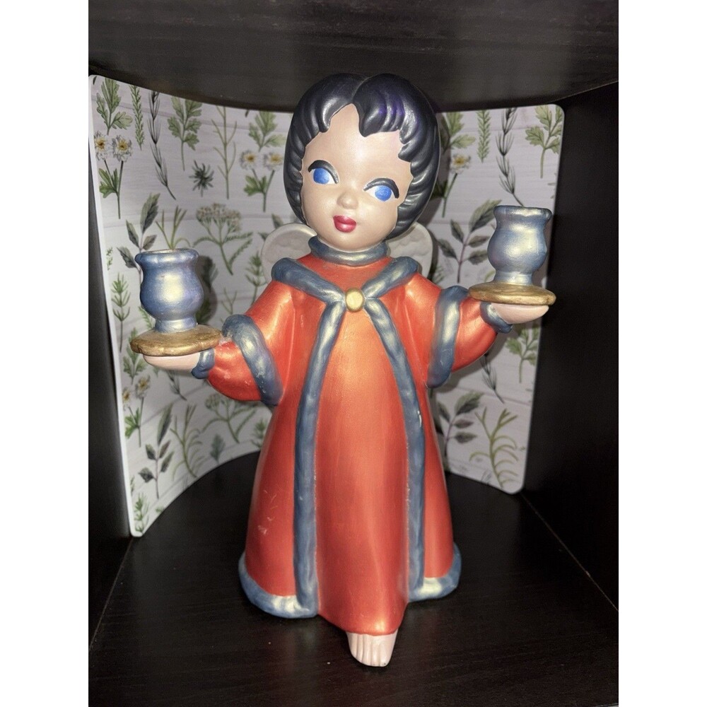 Vintage Hand Painted Ceramic Christmas Angel Taper Candleholder 13" Signed 60’s